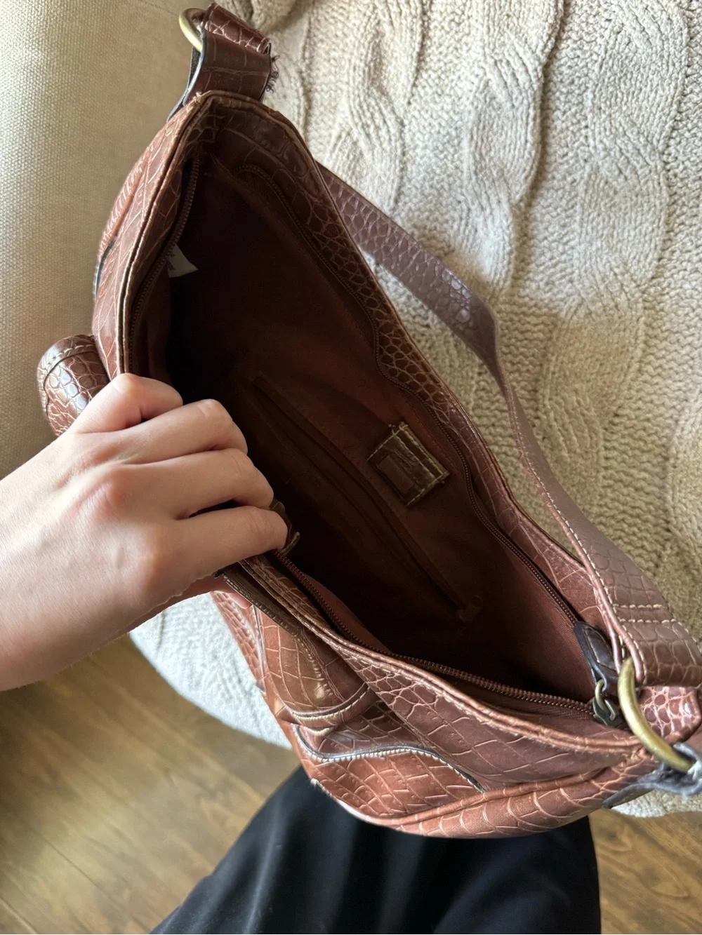Croc-Embossed Leather Shoulder Bag with Brass Oval Buckle